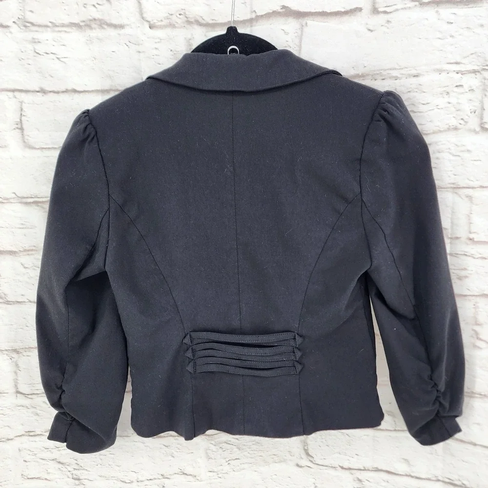 Vintage Y2K Crop Blazer Jacket Office Vixen Brat Black Plunge Scrunch‎ Sleeve XS